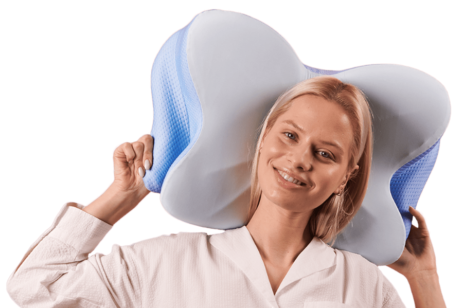 Woman holding the Derila Ergo memory foam pillow, showing its butterfly-shaped contour