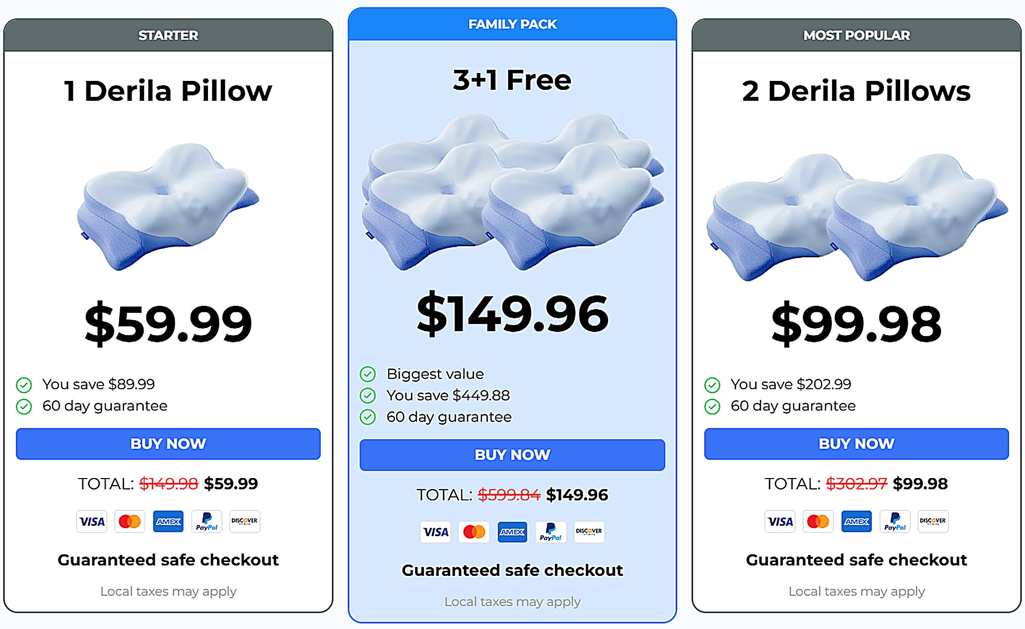 Screenshot of official Derila Ergo pricing: one pillow, two pillows, and the four-pillow family pack